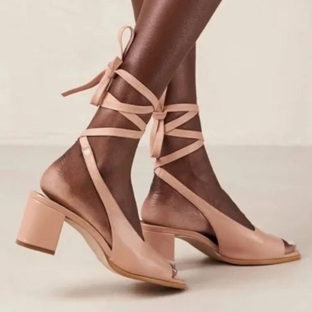 ALOHAS Nude Pink Leather Lace-Up Block Heel Sandals